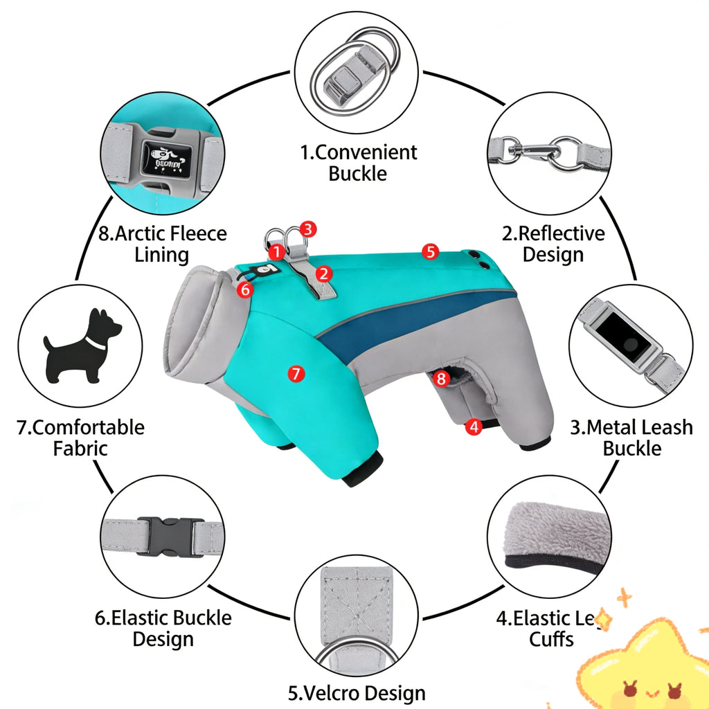 Autumn Winter New Fleece Dog Warm Clothes, Waterproof Leashable Four-Legged Pet Clothing, Portable Dog Jacket, Outdoor Reflective Anti-Cold Dog Coat