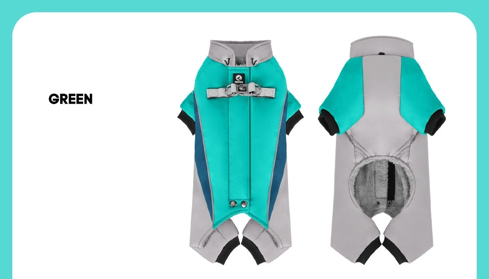 Autumn Winter New Fleece Dog Warm Clothes, Waterproof Leashable Four-Legged Pet Clothing, Portable Dog Jacket, Outdoor Reflective Anti-Cold Dog Coat