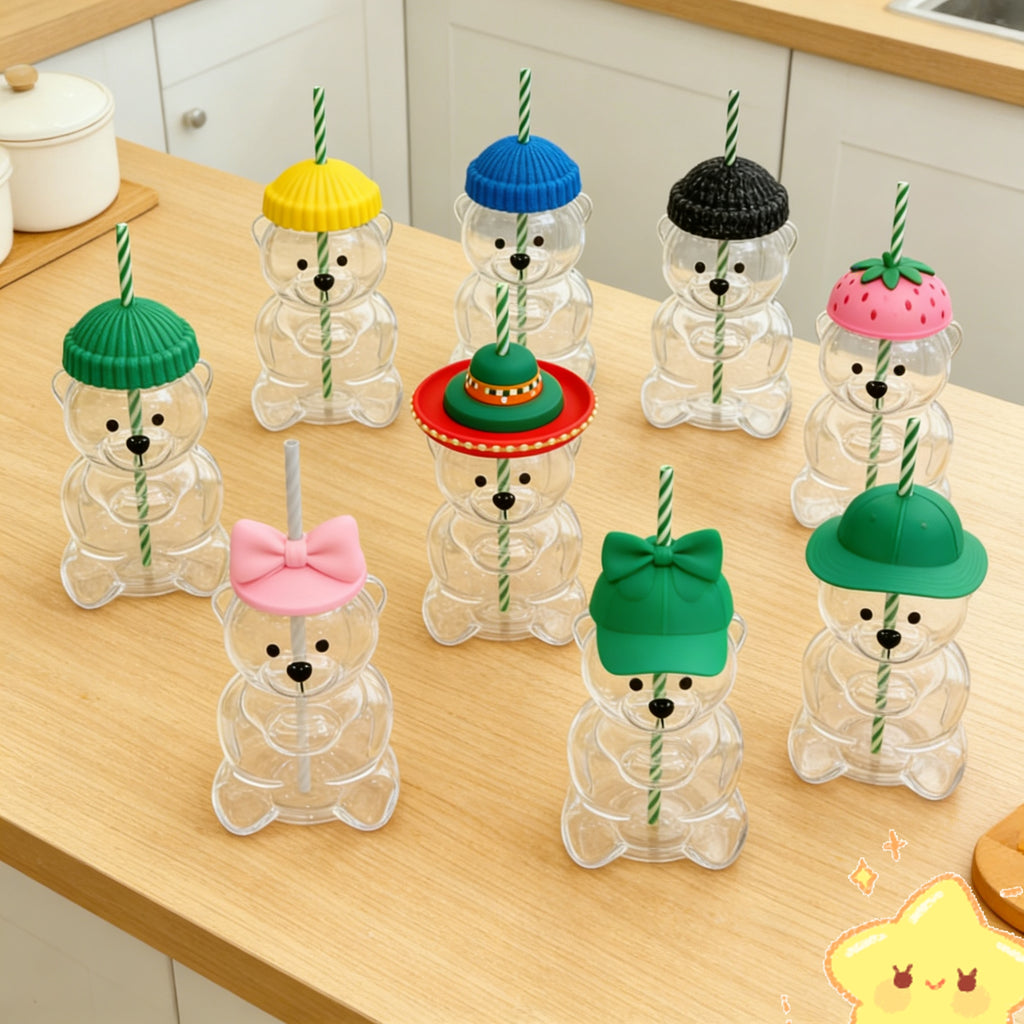 2025 New Bear Straw Cup, 20oz Adorable Bear Plastic Cup with Reusable Straw - Popular Animal Design, Perfect for Smoothies, Bubble Tea, and Iced Coffee