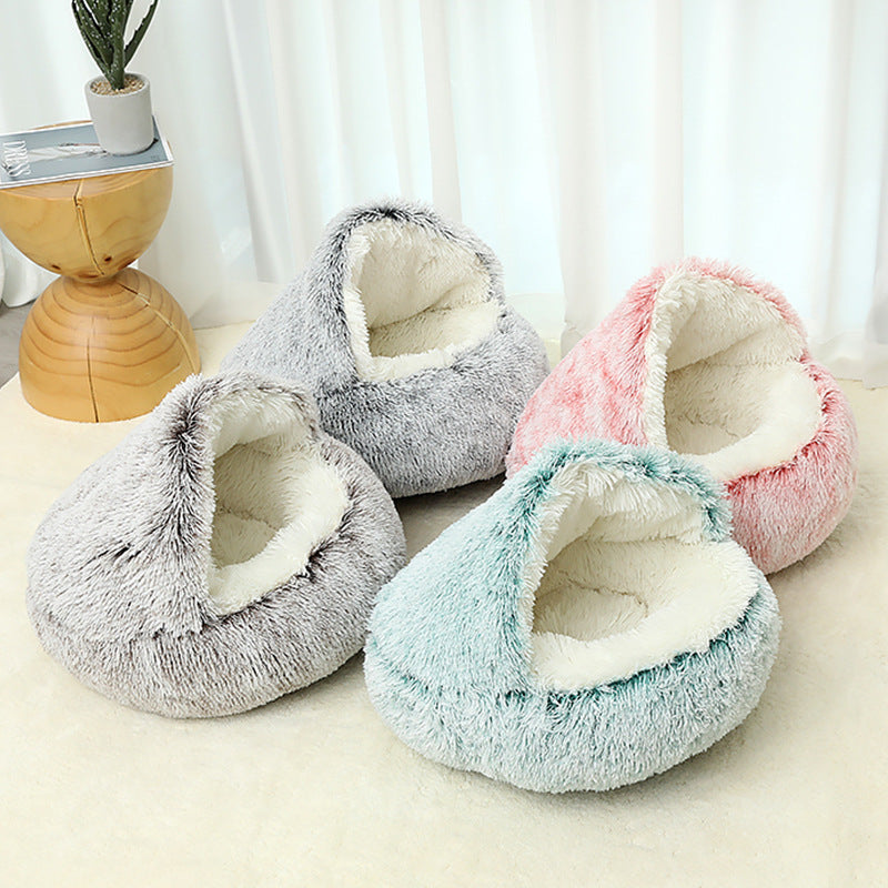 Pet Shell Nest Cat Bed Winter Warm Half-Enclosed Pet Nest Dog Bed Shaped Beds Long Plush Pet Bed, Cozy and Comfortable Pet Sleeping Mat